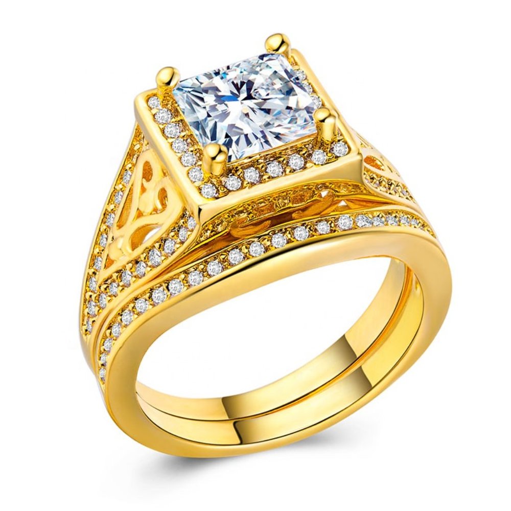 "Attractive 18K Gold Plated CZ Wedding Couple Ring, FB16FA1032 - Picture 2 of 3